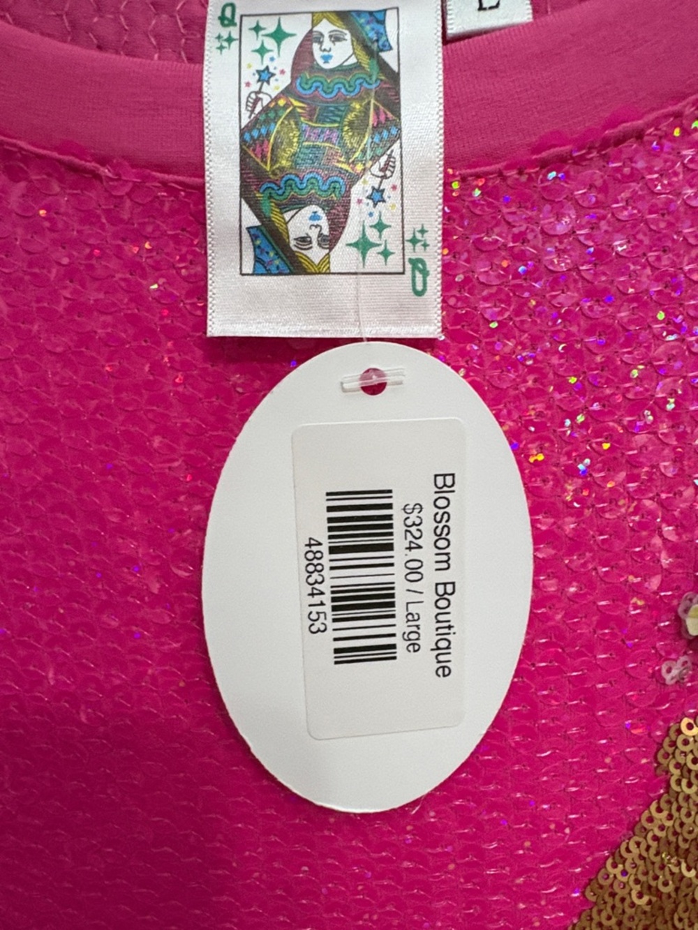 QUEEN OF SPARKLES Hot Pink Sequin Mini Dress with Multicolor Embellished Bottle - Picture 4 of 6